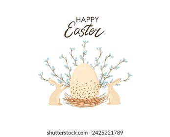 Greeting card, "Happy Easter", pre-made design of a flyer, banner, poster, vector illustration on a white background, Easter hares and eggs, 