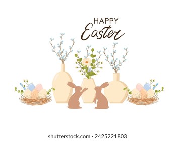 Greeting card, "Happy Easter", pre-made design of a flyer, banner, poster, vector illustration on a white background, Easter hares and eggs, flower arrangement in a vase
