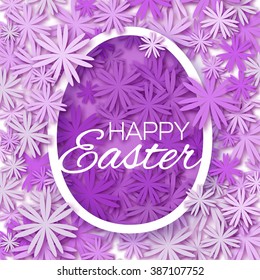 Greeting card with Happy Easter - with purple flower Easter Egg on white background. Oval egg template. Vector design illustration
