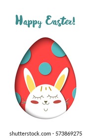 Greeting card with Happy Easter - rabbit and egg. Funny Bunny spring holiday cartoon. Vector cut out paper symbol in oval as egg.