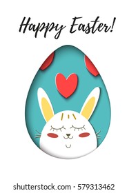 Greeting card with Happy Easter - rabbit and egg. Funny Bunny spring holiday cartoon. Vector cut out paper symbol in oval as egg.