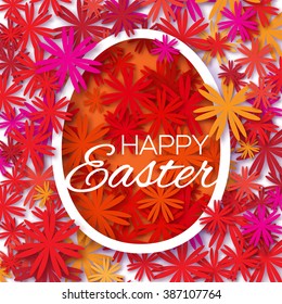Greeting card with Happy Easter - with red flower Easter Egg on white background. Oval egg template. Vector design illustration