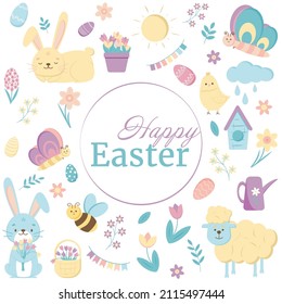 Greeting Card Happy Easter Text With Easter Design Elements, Cartoon Characters And Floral Elements. Bunny, Chicken, Sheep, Eggs And Flowers. Vector Illustration.