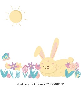 Greeting card Happy Easter text with Easter bunny rabbit, spring flowers, colorful eggs, butterfly and bee. Vector illustration. Copy space