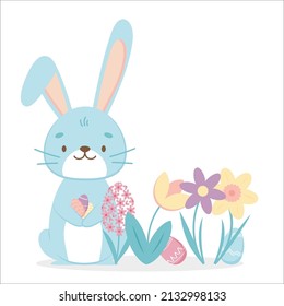 Grußkarte Frohe Ostern Text mit Osterhasen, Frühlingsblumen, bunte Eier, Schmetterling und Biene. Vektorgrafik. Leerzeichen kopieren