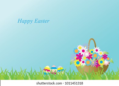 Greeting card Happy Easter. Vector illustration with a basket of flowers and ester eggs. Caption: Happy Easter
