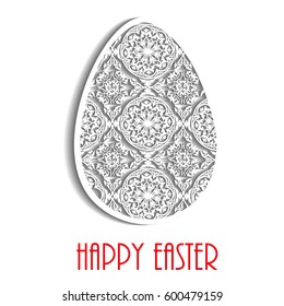 Greeting card. Happy easter. Vector illustration of paper. Poster. Origami. Leaflet. Invitations. Egg with a carved paper pattern of Baroque, Rocco. Object on a white background