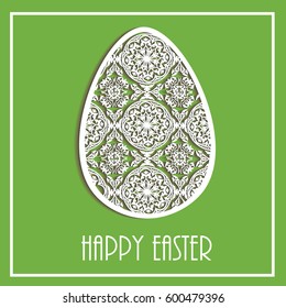 Greeting card. Happy easter. Vector illustration of paper. Poster. Origami. Leaflet. Invitations. Egg with a carved paper pattern of Baroque, Rocco. 
Object on a green background