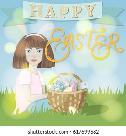 Greeting card Happy Easter. Vector illustration with a girl and a basket of flowers