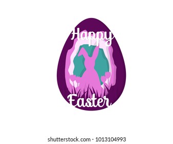 Greeting card with Happy Easter - with white paper Easter rabbit. Funny Bunny. Easter Bunny. Easter Egg