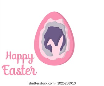 Greeting card with Happy Easter - with white paper Easter rabbit. Funny Bunny. Easter Bunny. Easter Egg