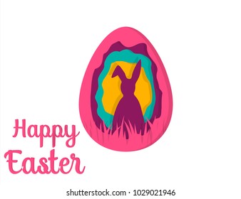 Greeting card with Happy Easter - with white paper Easter rabbit. Funny Bunny. Easter Bunny. Easter Egg