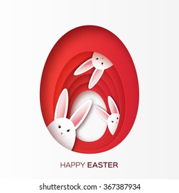 Greeting card with Happy Easter - with white paper Easter rabbit. Funny Bunny. Easter Bunny. Easter Egg 