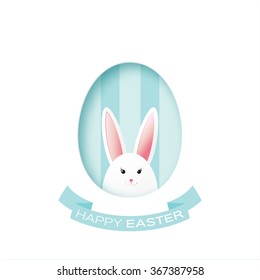 Greeting card with Happy Easter - with white paper Easter rabbit. Funny Bunny. Easter Bunny. Easter Egg 