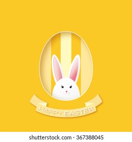 Greeting card with Happy Easter - with white paper Easter rabbit. Funny Bunny. Easter Bunny. Easter Egg 