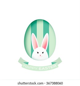 Greeting card with Happy Easter - with white paper Easter rabbit. Funny Bunny. Easter Bunny. Easter Egg 