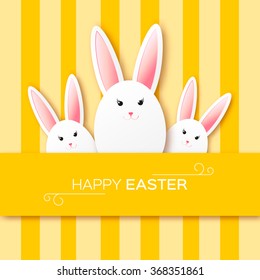 Greeting card with Happy Easter - with white Easter rabbit. Funny Bunny. Easter Bunny. Easter Egg 