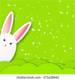 Greeting card with Happy Easter - with white Easter rabbit. Spring Funny Bunny. Easter Bunny. Easter Egg 