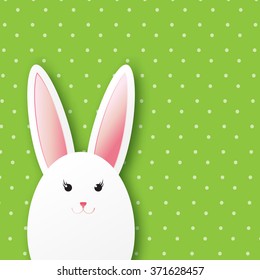 Greeting card with Happy Easter - with white Easter rabbit. Spring Funny Bunny. Easter Bunny. Easter Egg 
