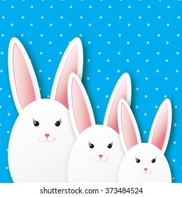 Greeting card with Happy Easter - with white Easter rabbit. Spring Funny Bunny. Easter Bunny. Easter Egg 