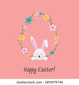 Greeting card with Happy Easter writing. Cute bunny. Ears and tiny muzzle with whiskers. Big egg and flowers. Vector illustration isolated on pink background.