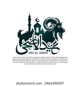 Greeting card of happy eid al adha with mosque, goat or sheep vector illustration