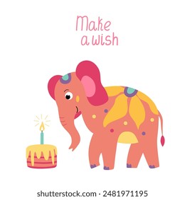 Greeting card with happy elephant and birthday cake. Hand drawn flat vector illustration and lettering Make a wish. 