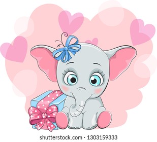 Greeting card with a happy elephant with gift box