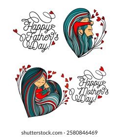 Greeting card for Happy Father s day and Happy Mother's Day card. Cute family scene concept. hand drawn. Not AI, Vector illustration.