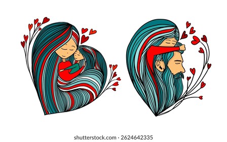 Greeting card for Happy Father s day of smiling bearded father embracing his daughter with love. . mother's day. Cute family scene concept. hand drawn. Not AI, Vector illustration.