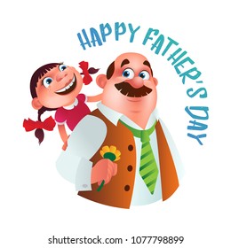 Greeting card to Happy Father's Day. Dad with flower holding on the back his daughter. Vector illustration isolated on white. Perfect to use in advertising or web design and others creative projects