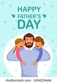 Greeting card Happy Father's Day. Vector illustration of a flat design - stock vector. Happy father's day template design. Cartoon photo of father, red-haired son and daughter hugging together. Vector
