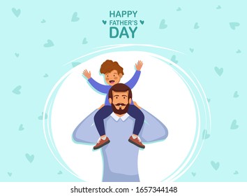 Greeting card Happy Father's Day. Vector illustration of a flat design - stock vector. Happy father's day template design. Cartoon photo of father and red-haired son hugging together. Vector cartoon