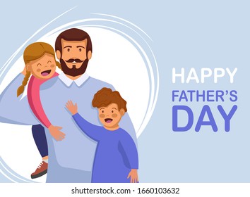 Greeting card Happy Father's Day. Vector illustration of a flat design - stock vector. Happy father's day template design. Cartoon photo of father, red-haired son and daughter hugging together. Vector