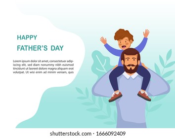 Greeting Card Happy Father's Day. Vector Illustration Of A Flat Design - Stock Vector. Happy Father's Day Template Design. Cartoon Photo Of Father, Red-haired Son Hugging Together. Vector.