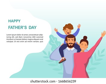 Greeting card Happy Father's Day. Vector illustration of a flat design - stock vector. Happy father's day design template. A cartoon photo of a father, red-haired son and wife hugging together. Vector