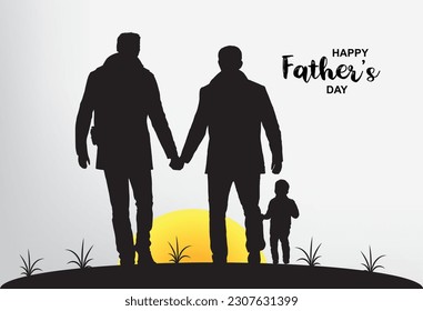 Greeting card with Happy Father's Day lettering. Father and son went out for a walk together. silhouette of father and son. Father and son in nature during sunset. Happy Father's Day Celebration Ideas