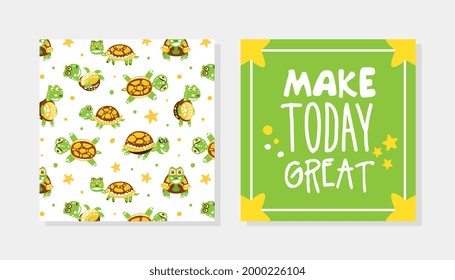 Greeting Card with Happy Green Turtle with Shell Vector Template
