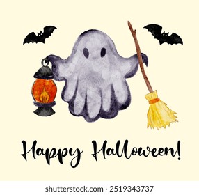 Greeting card Happy Halloween ghost holding a lantern and broom with bats for Halloween celebrations