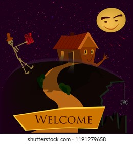 Greeting card. Happy Halloween. Invitation to a party. Welcome. House on hill. Skeleton bears gift. Moon is smiling. Night party.
