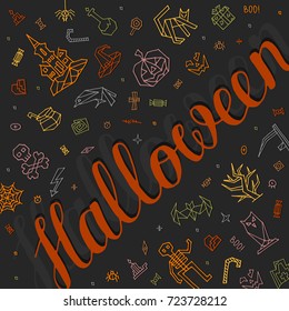 Greeting card Happy Halloween with lettering. Poscard Halloween with colored outline elements, objects, symbols and items. Doodle hand drawn style creative vector design.