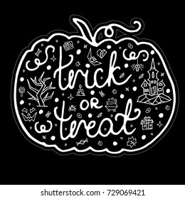 Greeting card Happy Halloween with lettering and pumpkin. Poscard Halloween with  outline elements, objects, symbols and items. Doodle hand drawn style creative vector design.