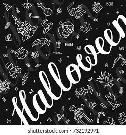 Greeting card Happy Halloween with lettering. Postcard Halloween with  outline elements, objects, symbols and items. Doodle black and white hand drawn style creative vector design.