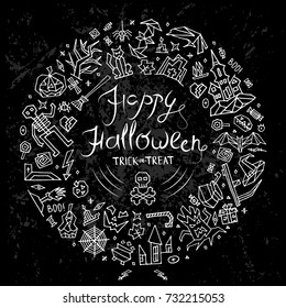 Greeting card Happy Halloween with lettering. Postcard Halloween with  outline elements, objects, symbols and items. Doodle black and white hand drawn style creative vector design.