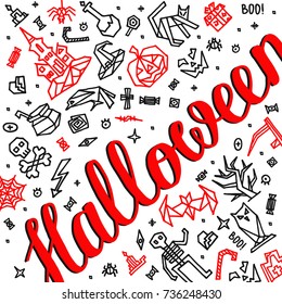 Greeting card Happy Halloween with lettering. Postcard Halloween with  outline elements, objects, symbols and items. Doodle black and red hand drawn style creative vector design.