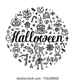 Greeting card Happy Halloween with lettering. Postcard Halloween with  outline elements, objects, symbols and items. Doodle black and white hand drawn style creative vector design.