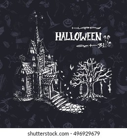 Greeting card - Happy Halloween. sketch - the house with ghosts and scary tree. dark vintage background. calligraphic inscriptions. isolated vector