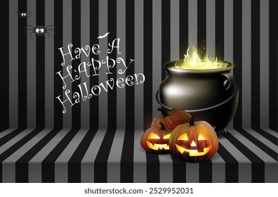 Greeting card  Happy Halloween. Some pumpkins and pot  on striped gray-black background.