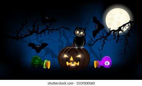 Greeting card, happy Halloween, vector illustration with pumpkin Jack, witch potion, eye, owl in dark forest. Halloween vector postcard with landscape