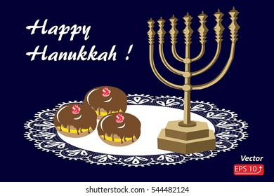 Greeting card Happy Hanukkah  Background For jewish holiday with golden menorah ,Tasty chocolate glazed donuts with red jam,  Lace Doily vector illustration